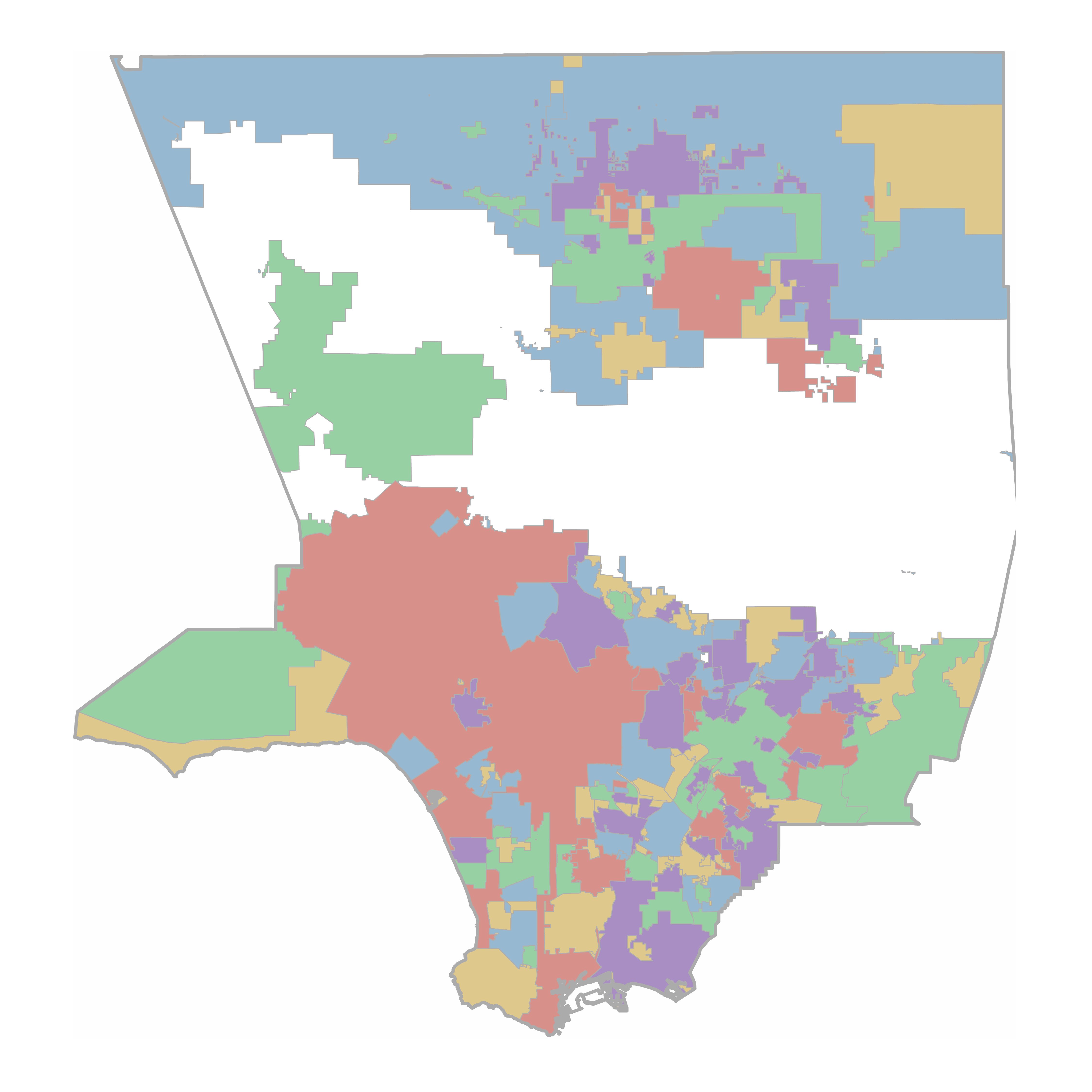 A map of LA county with different areas shaded different colors, representing water purveyors in LA County  